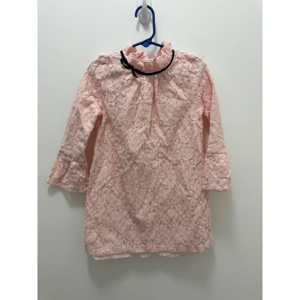 Janie and Jack Girls Pink Floral Lace Ruffle Neck Dress Navy Bow Size 6